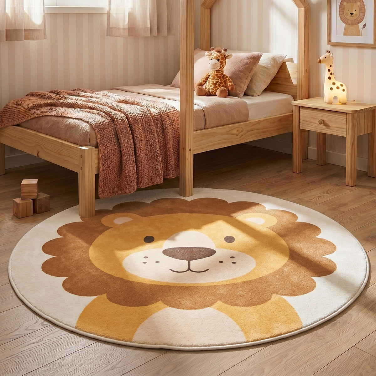 Round Washable Children’s Play Rug – Sammy Lion Brown